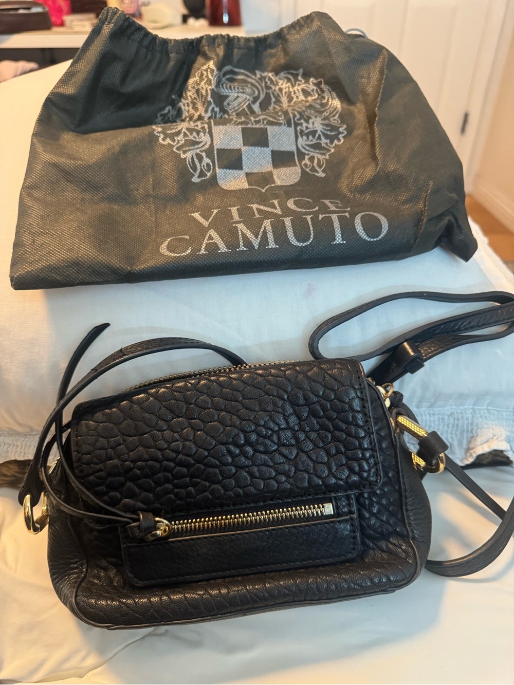 Vince Camuto Black Pebbled Leather Crossbody with Gold Hardware